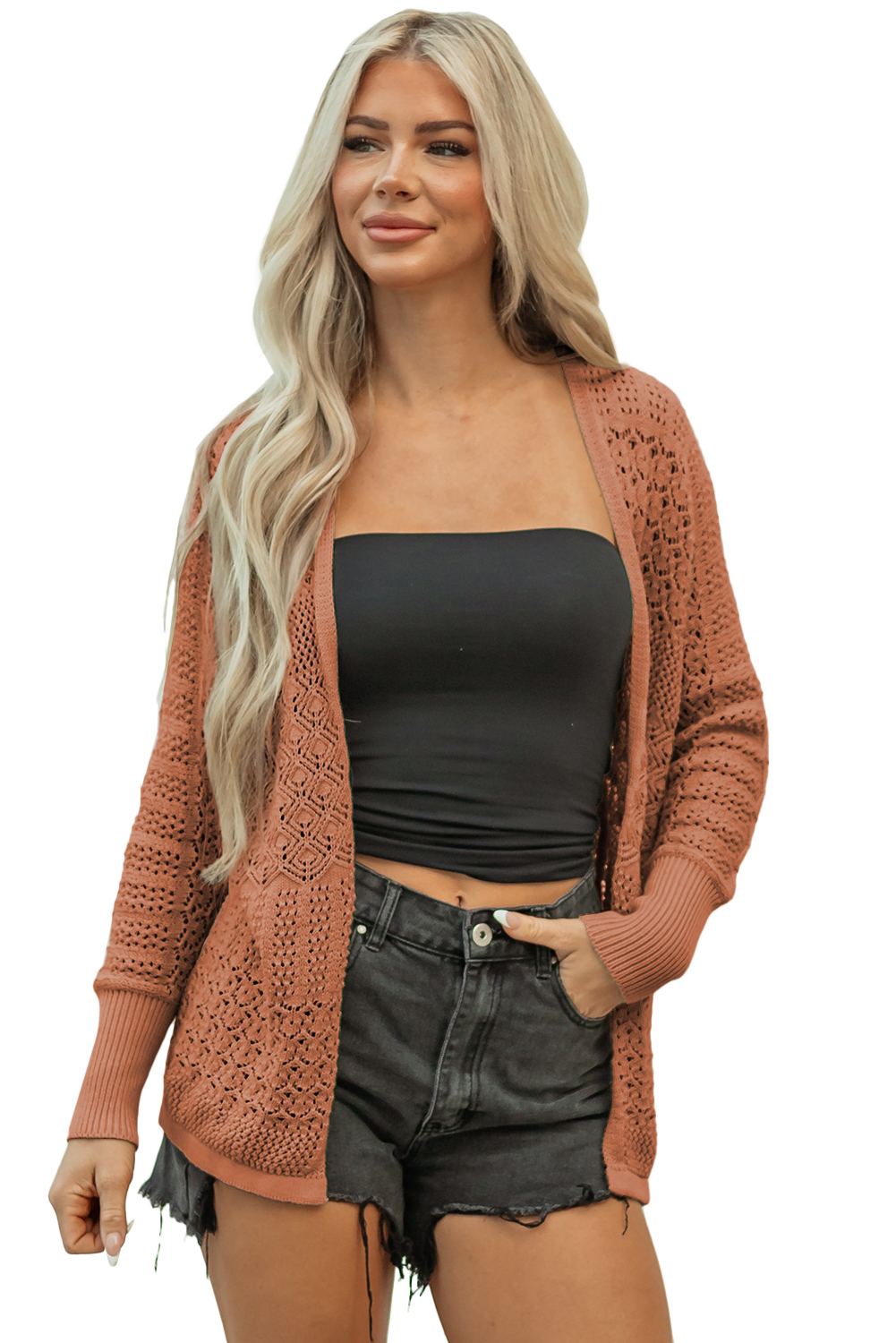 Redwood Burl Mixed Pattern Knitted Open Front Plus Cardigan - loveforevers
