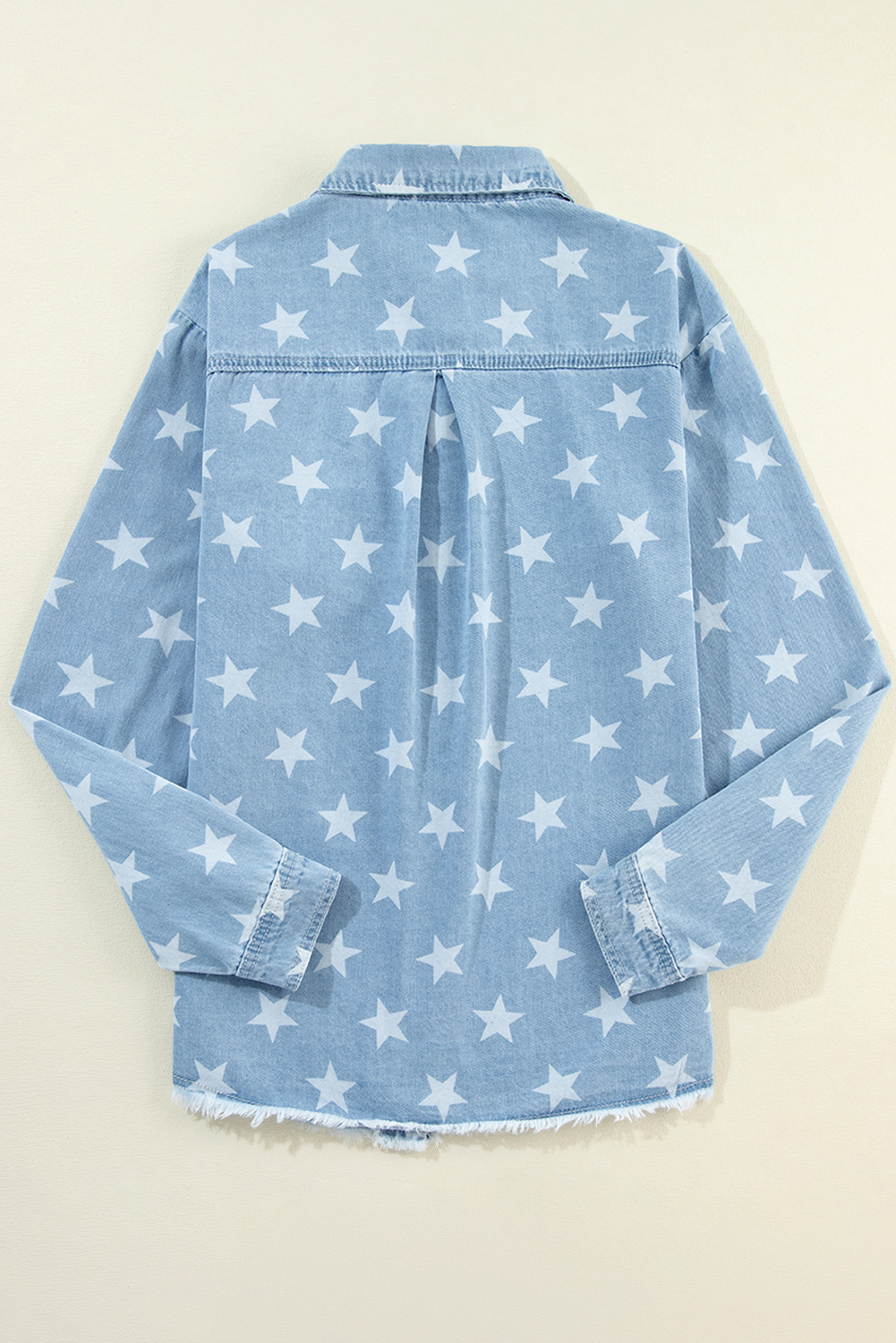Sky Blue Star Print Light Wash Raw Hem Denim Jacket - loveforevers