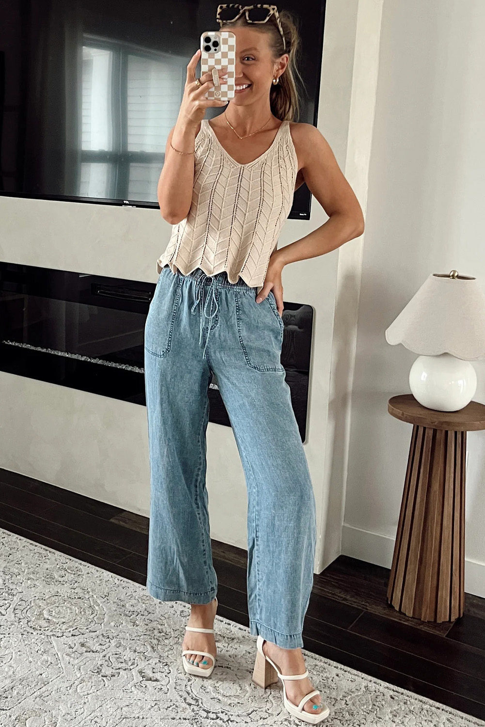 Myosotis Mineral Wash Drawstring Elastic Waistband Loose Straight Denim Pants - loveforevers