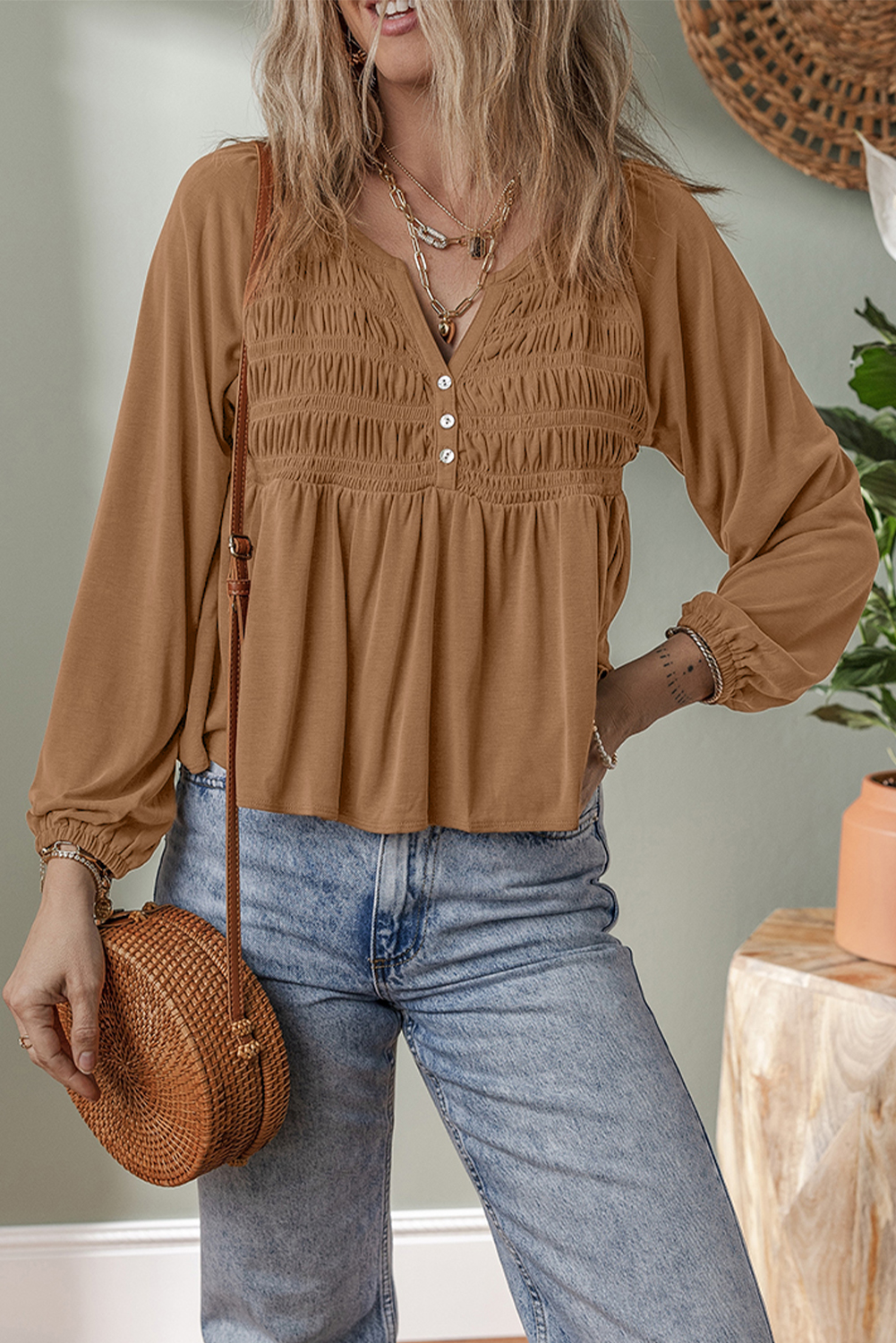 Black Smocked Bust Buttoned Split V Neck Flow Fit Blouse - loveforevers