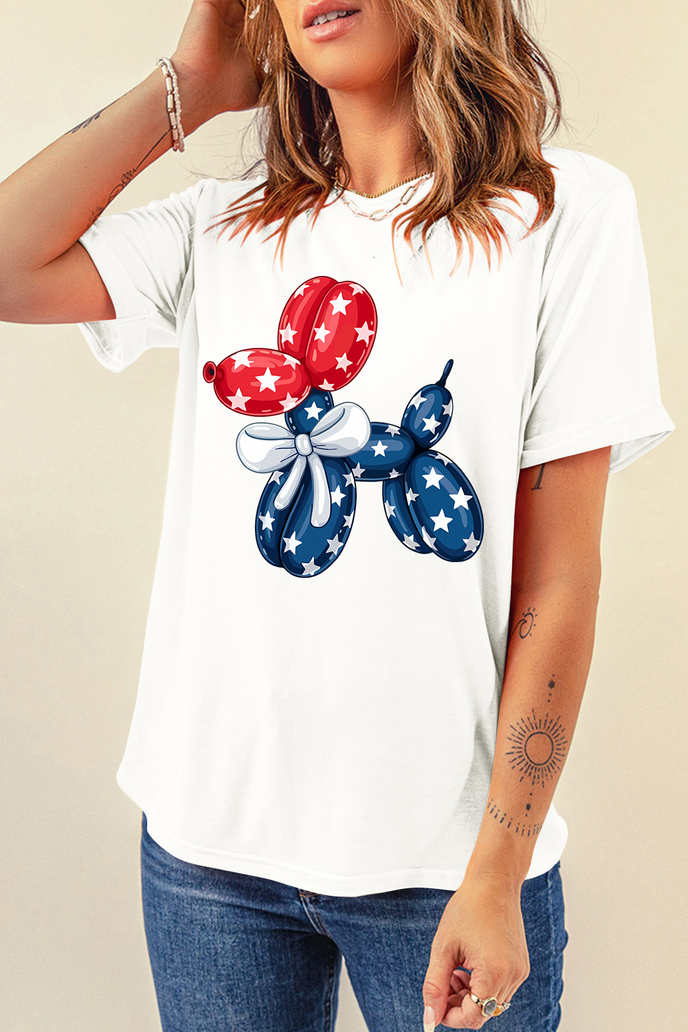 White American Flag Inspired Balloon Dog Graphic Cotton Blend T Shirt - loveforevers