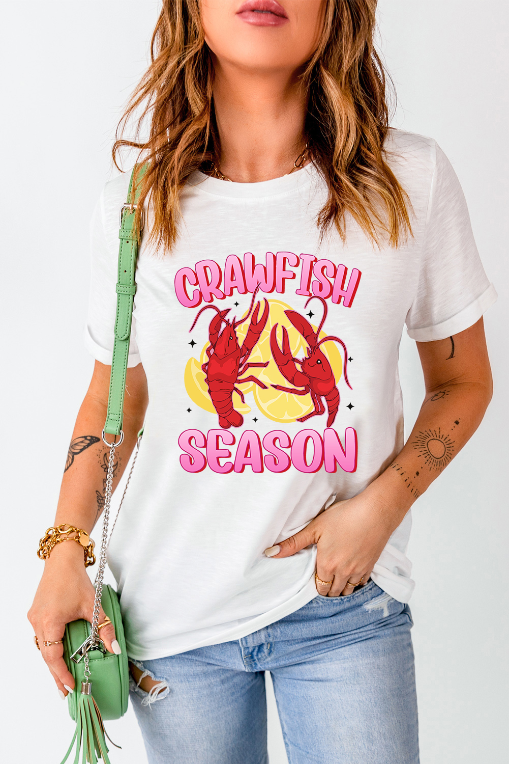 White CRAWFISH SEASON Lemon Spice Graphic Tee - loveforevers