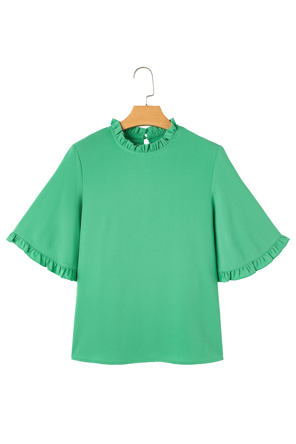 Green Frilly Round Neck Wide Half Sleeve Blouse - loveforevers