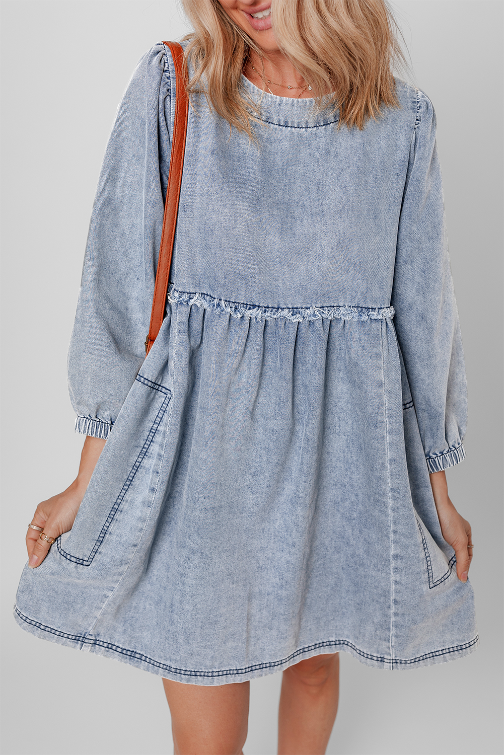 Beau Blue Light Wash High Waist Loose Fit Denim Mini Dress - loveforevers