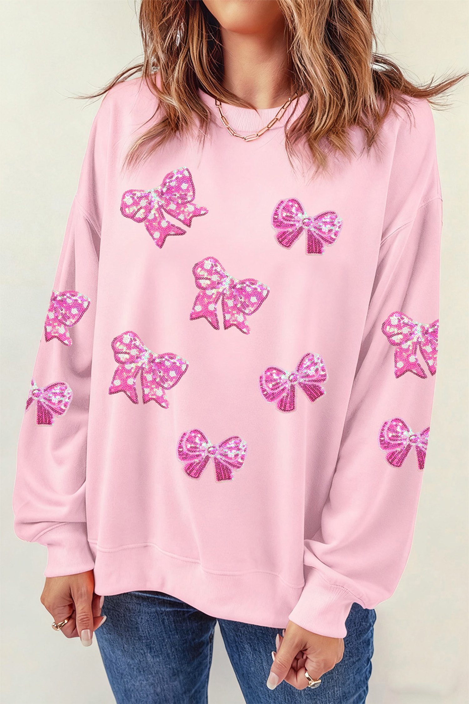 Pink Sequined Bow Patched Pattern Pullover Sweatshirt - loveforevers