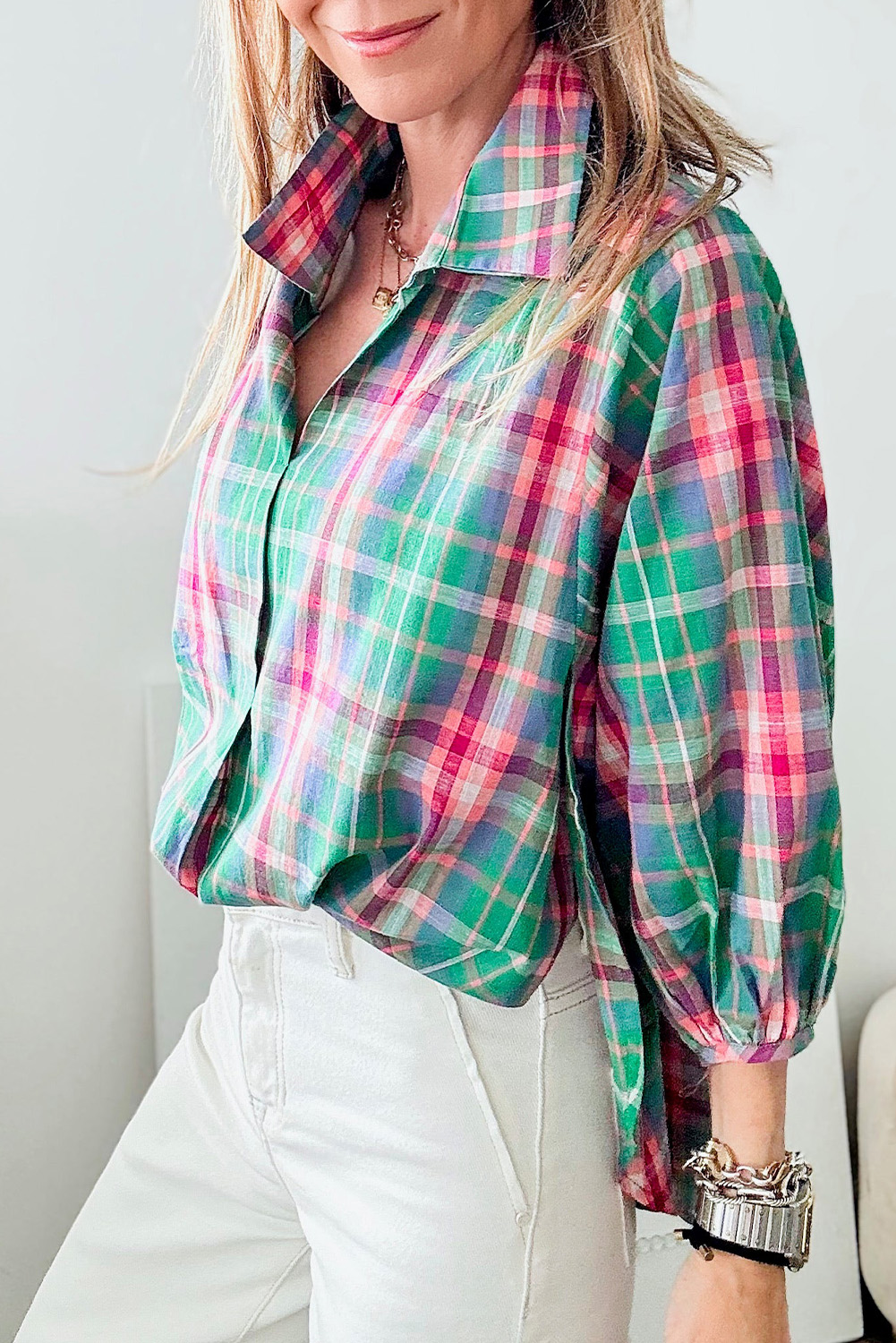 Green Checkered 3/4 Sleeve Collared Loose Fit Shirt - loveforevers