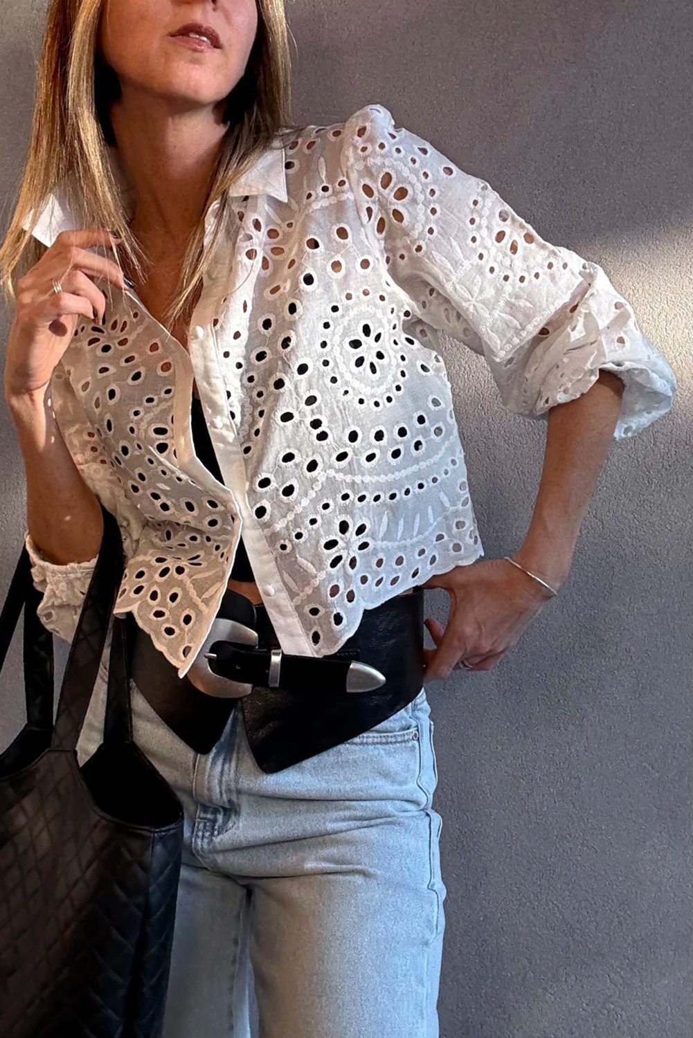 White Eyelet Embroidered Puff Sleeve Crop Shirt - loveforevers