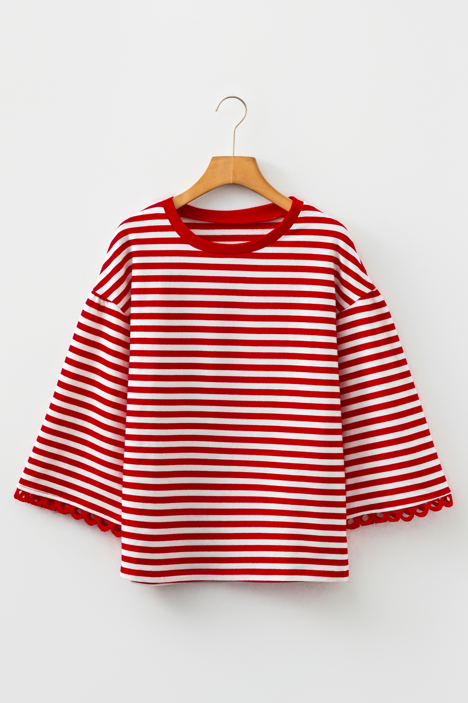 Racing Red Striped Print Drop Shoulder Lace Trim Bracelet Sleeve Loose Top - loveforevers