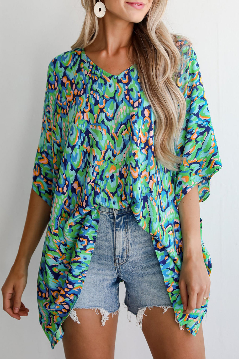 Pink Abstract Print V Neck Half Sleeve Loose Fit Tunic Blouse - loveforevers