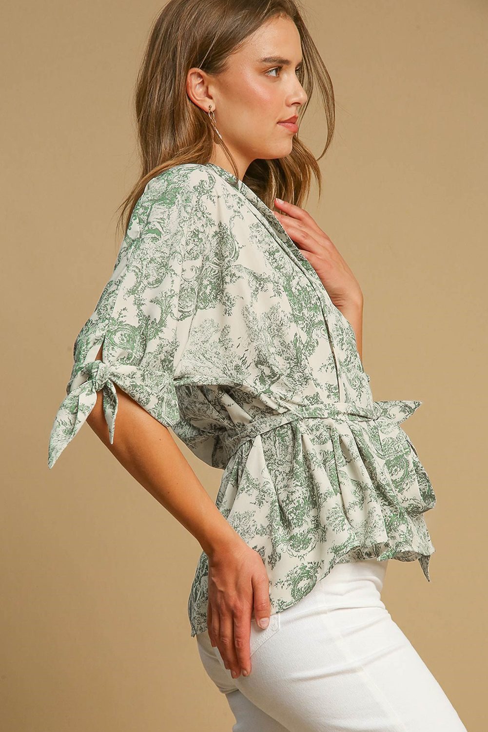 Green Landscape Print Tied 3/4 Sleeve Shirt with Sash - loveforevers