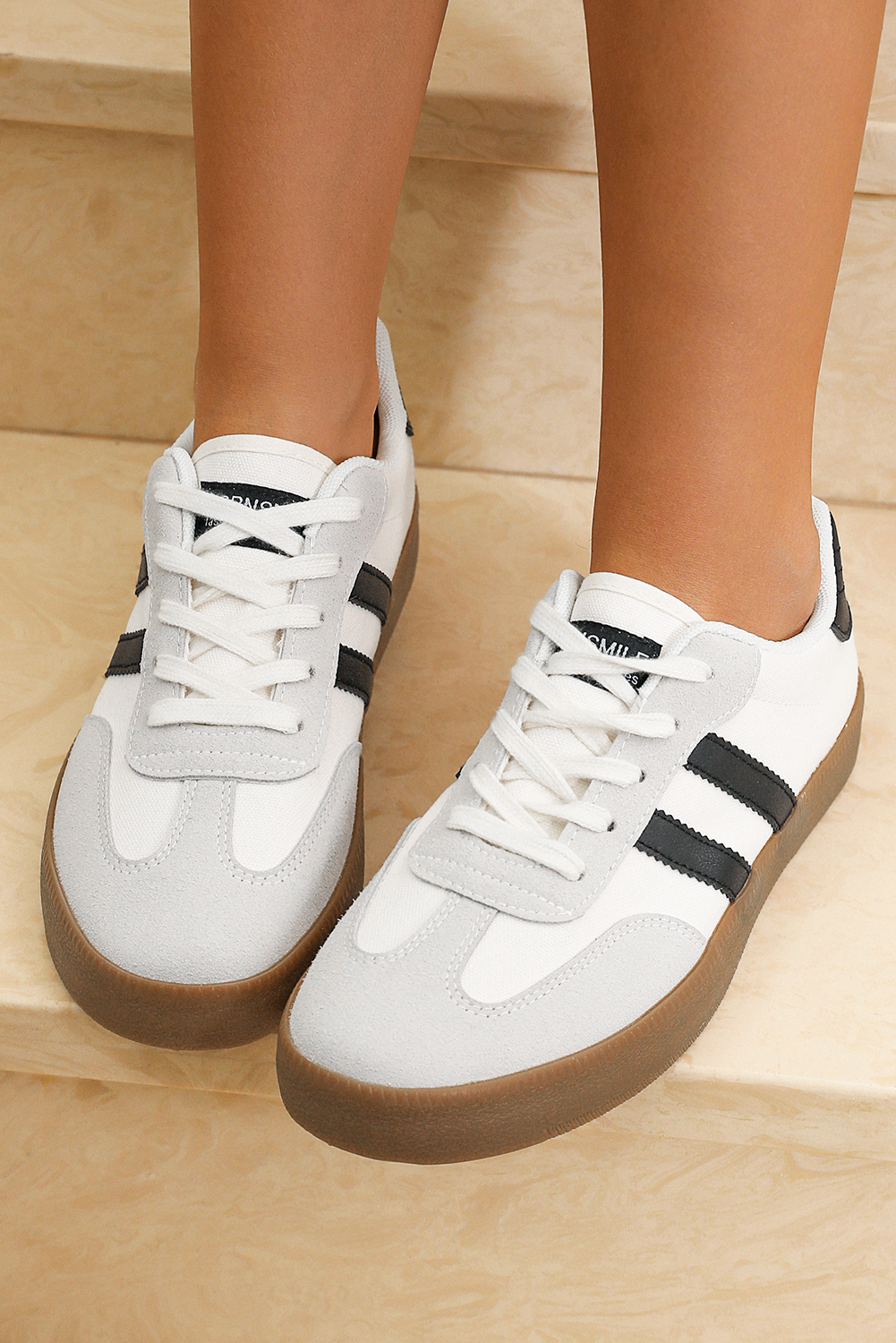White Striped Lace-up Flat Sneakers - loveforevers