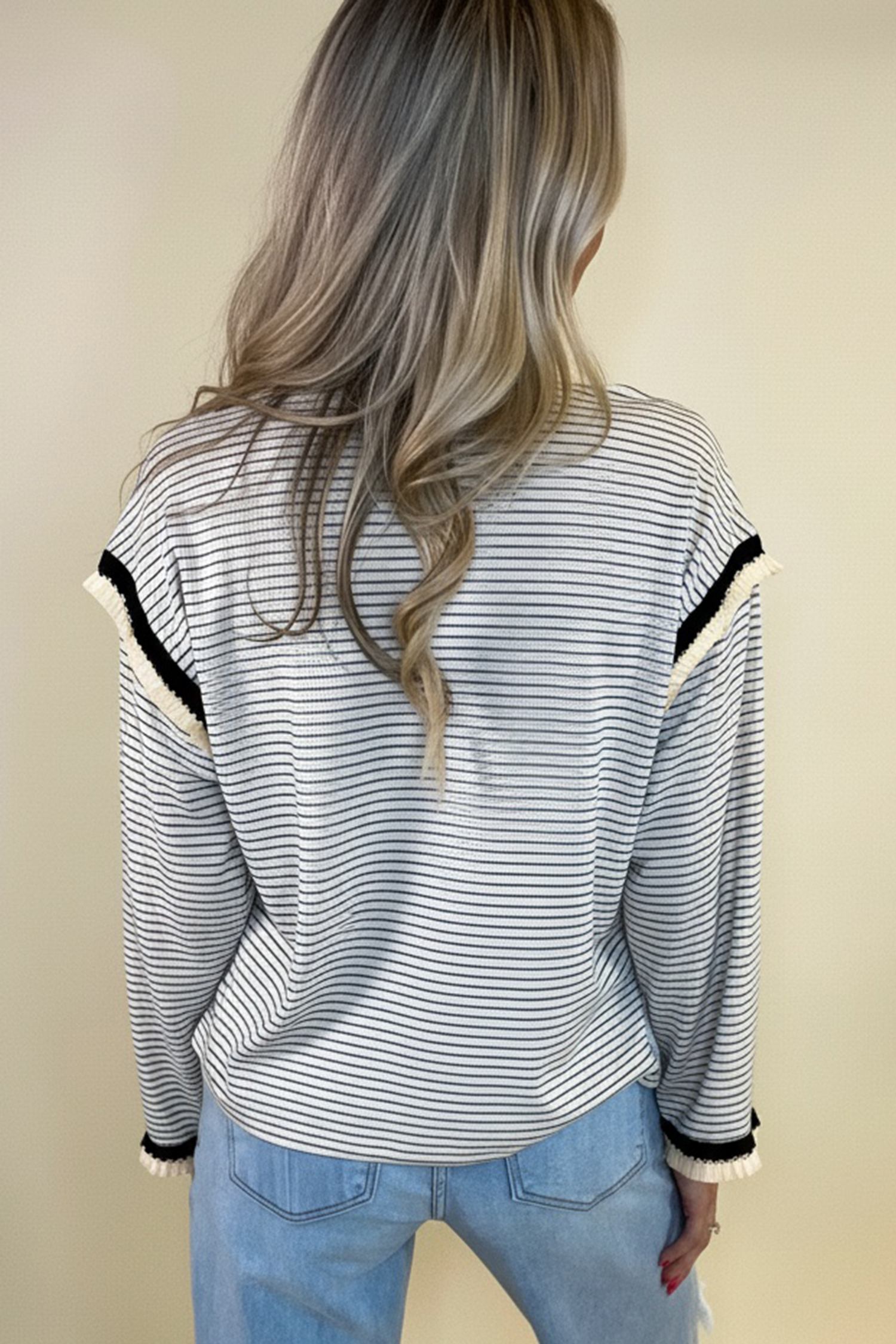 White Stripe Contrasted Ruffle Trim Loose Long Sleeve Top - loveforevers