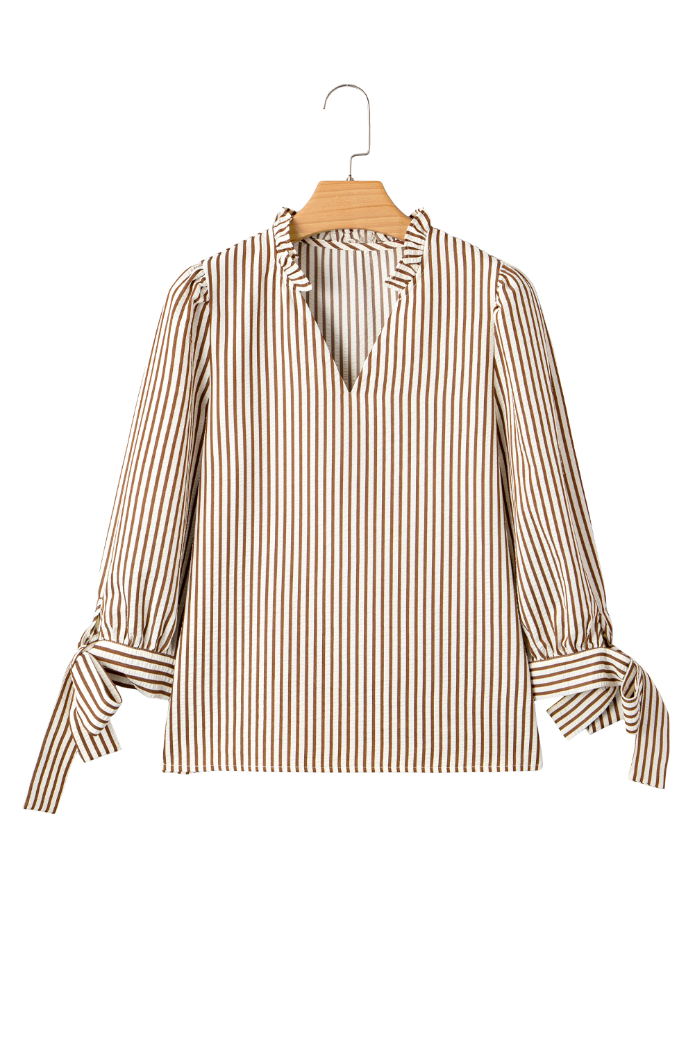 Straw Yellow Striped Print Tied Cuffs Split Neck Seersucker Blouse - loveforevers