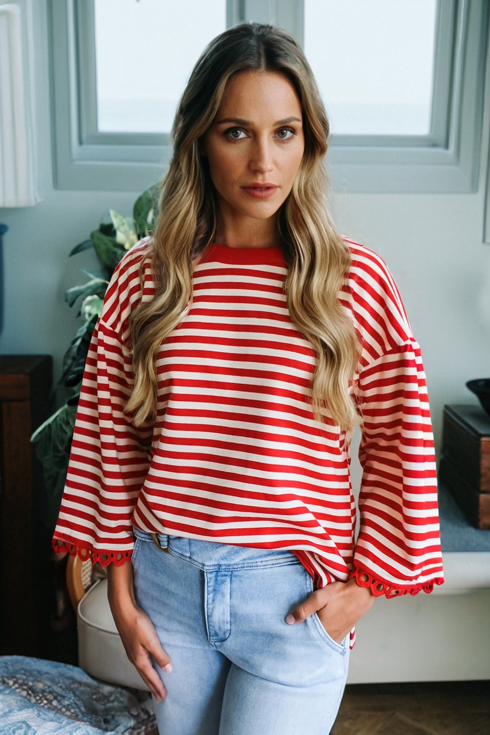 Racing Red Striped Print Drop Shoulder Lace Trim Bracelet Sleeve Loose Top - loveforevers