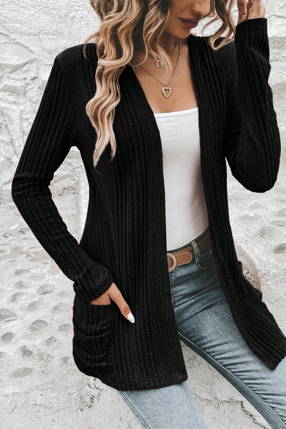 Stone Blue Ribbed Open Front Knitted Top with Pockets - loveforevers