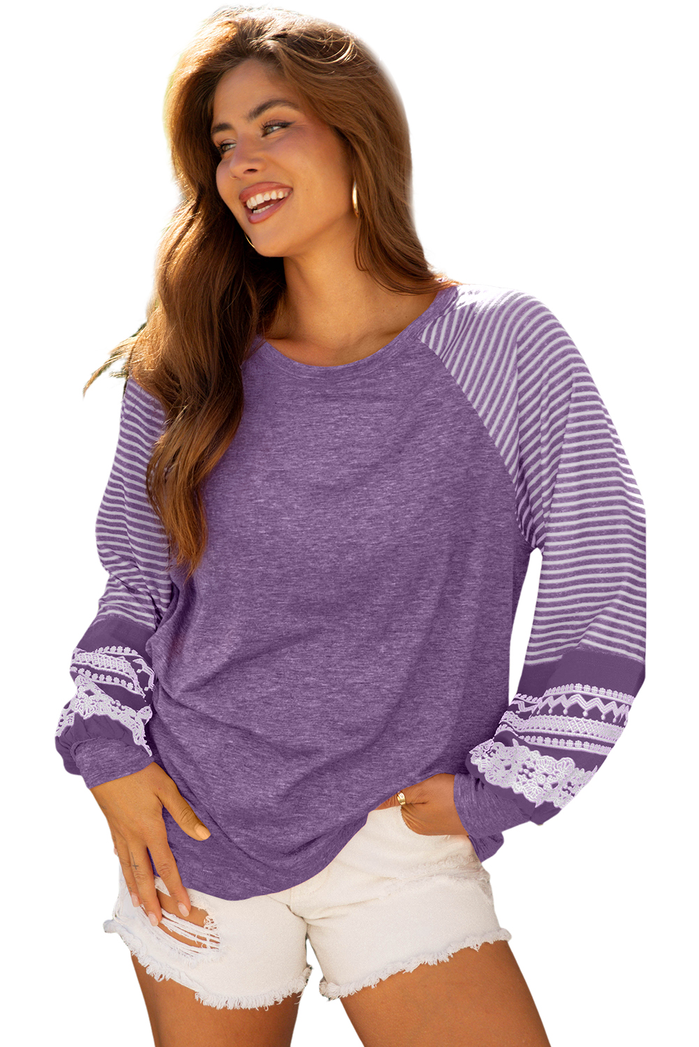 Tillandsia Purple Contrast Print Striped Raglan Long Sleeve Loose Top - loveforevers