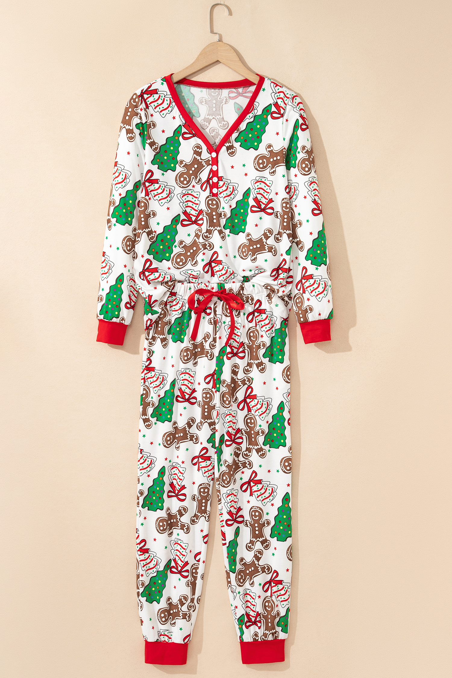 White Christmas Pattern Button V Neck Pullover Drawstring Pants 2pcs Lounge Set - loveforevers