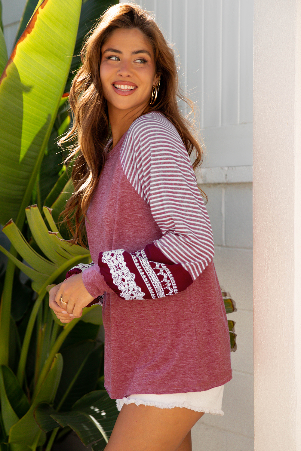 Tillandsia Purple Contrast Print Striped Raglan Long Sleeve Loose Top - loveforevers
