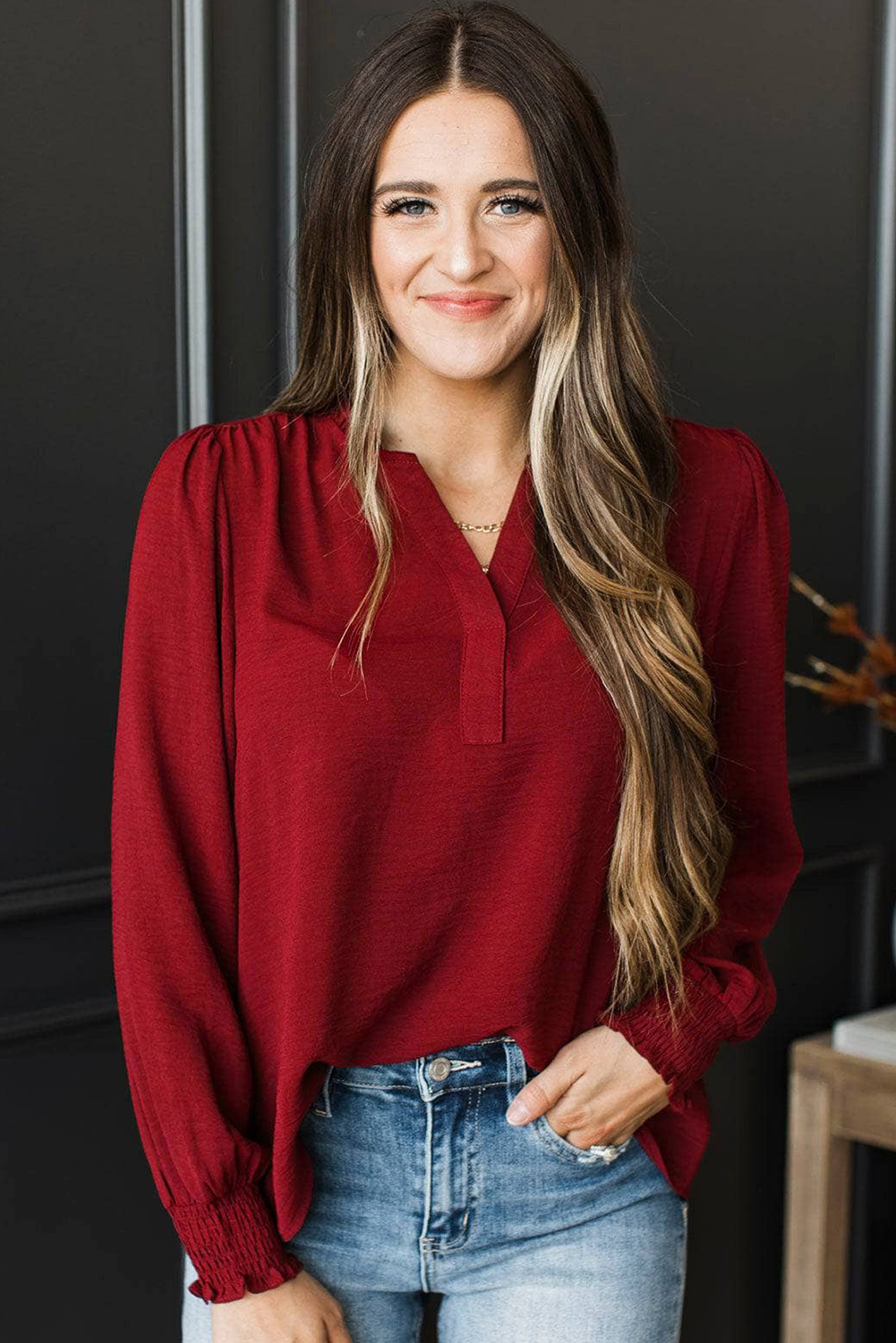 Burgundy Notched Neck Shirred Cuff Long Sleeve Blouse - loveforevers