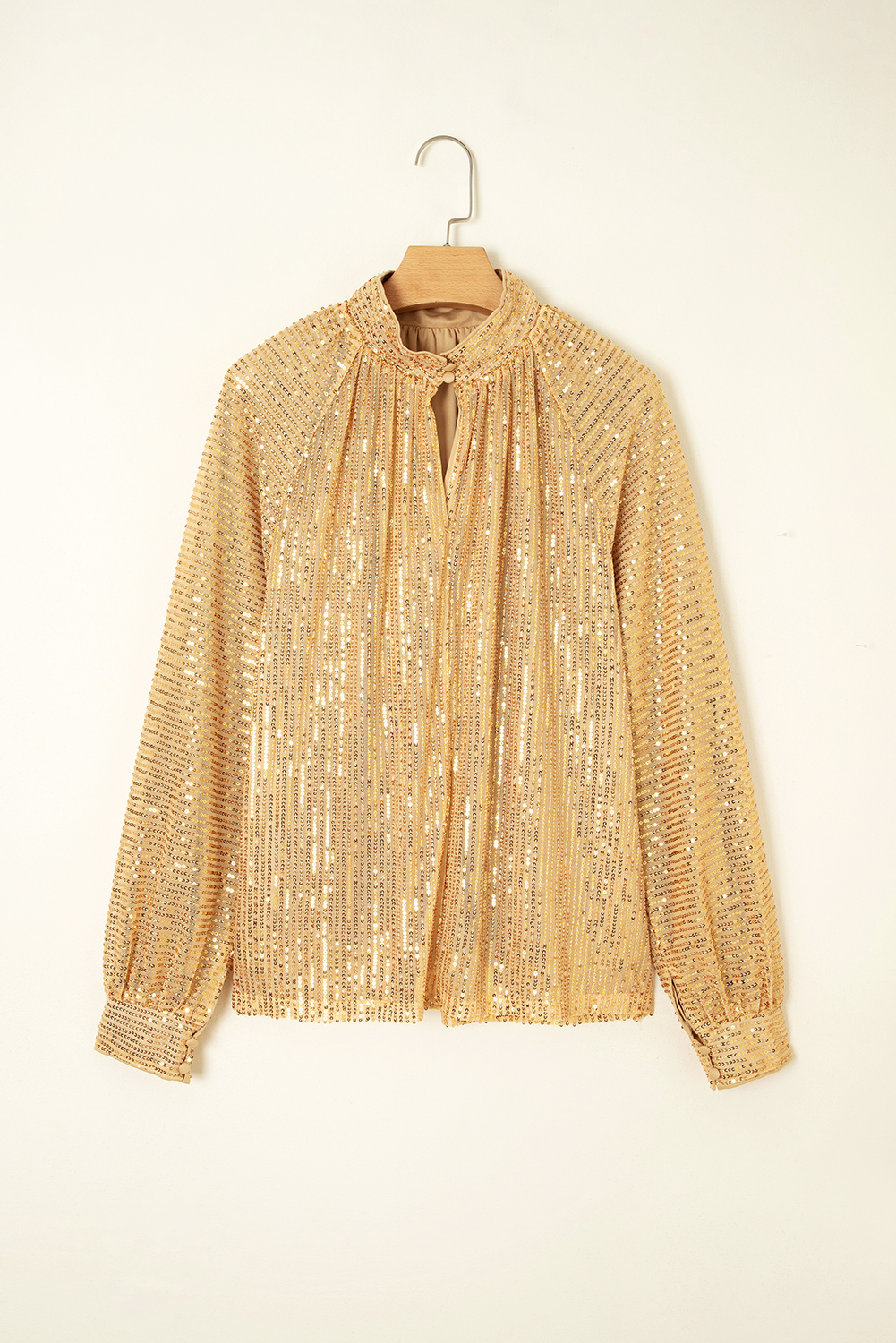 Gold Metallic Balloon Sleeve Buttoned High Neck Loose Blouse - loveforevers