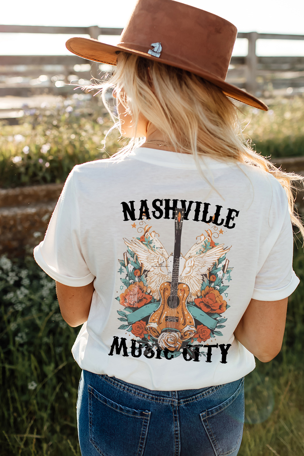 White NASHVILLE MUSIC CITY Guitar Wings Graphic Tee - loveforevers