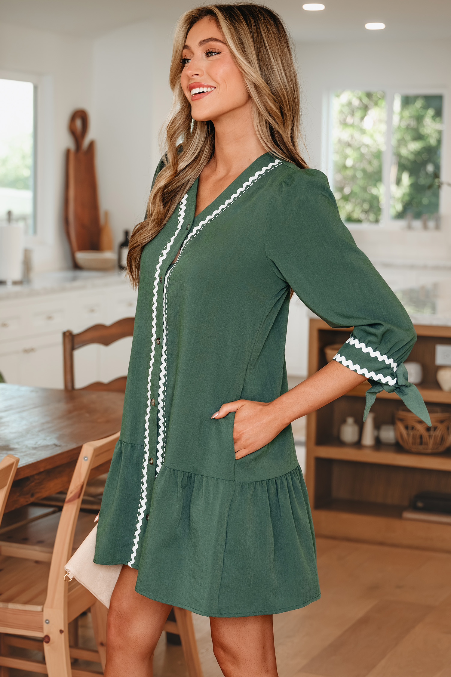 Canton Contrast Ricrac Trim Button V Neck Knotted Bracelet Sleeve Shift Dress - loveforevers
