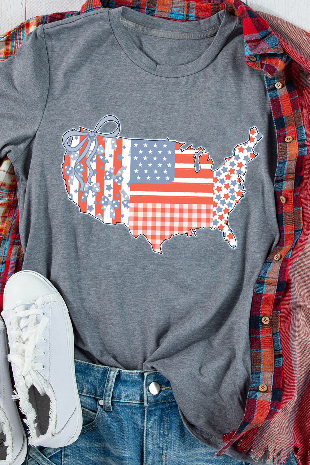 Gray American Flag Bow Map Graphic Tee - loveforevers