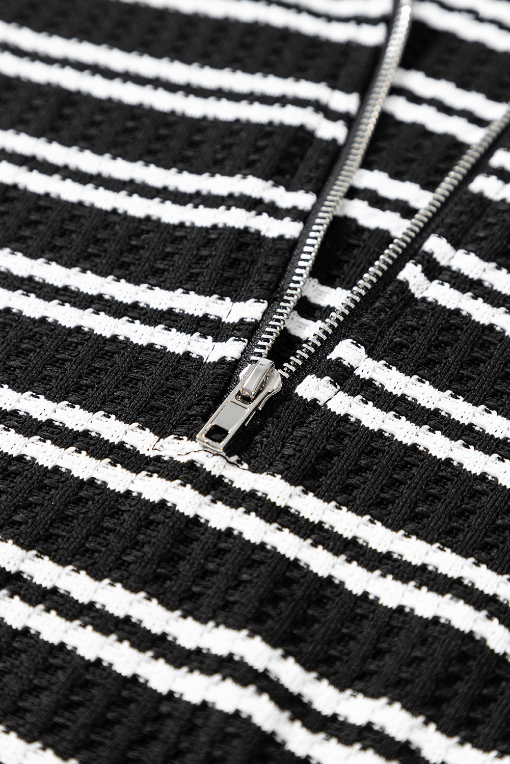 Black Stripe Textured Quarter Zip Collar Long Sleeve Top - loveforevers