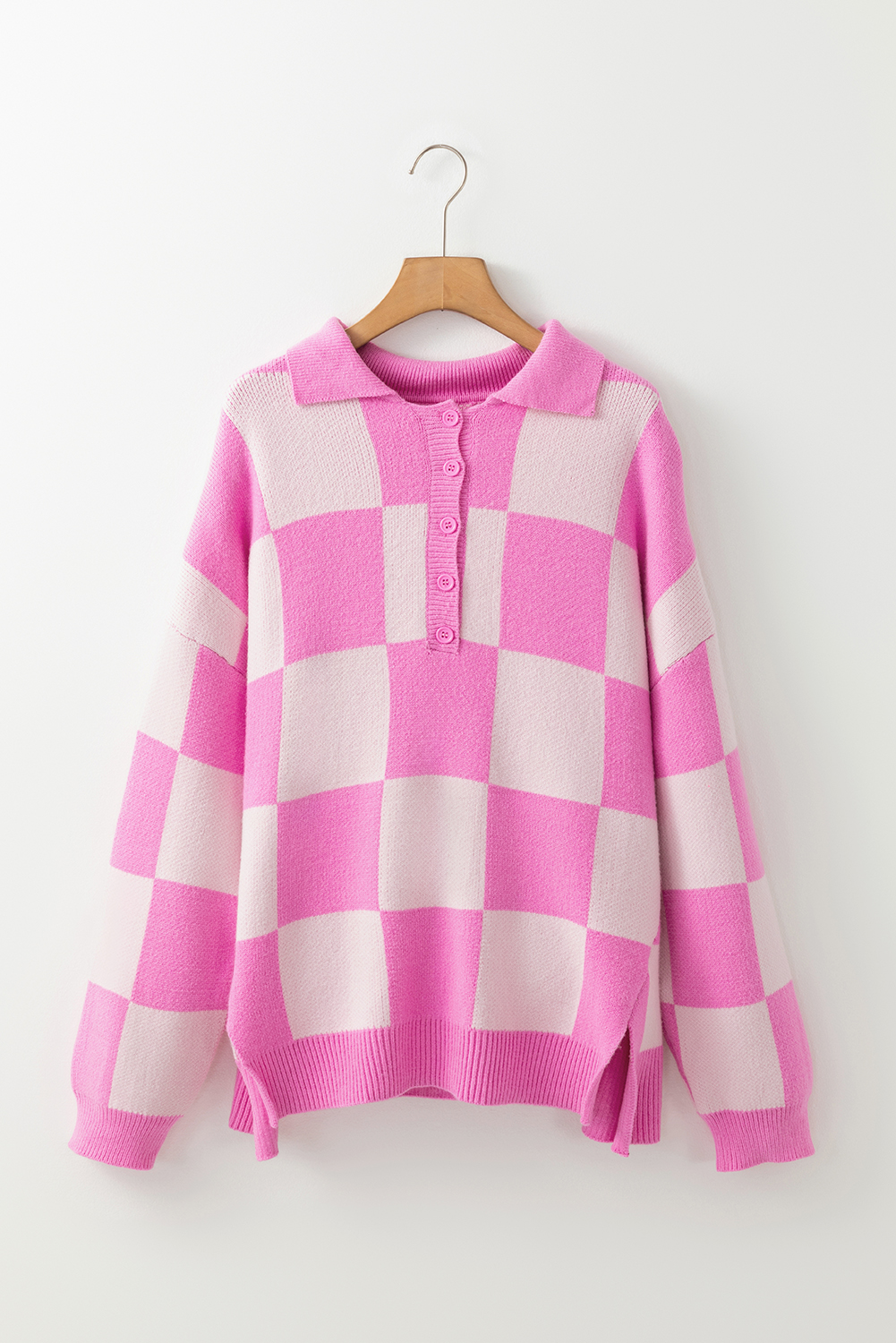 Pink Checkerboard Half Button Collared Drop Shoulder Sweater - loveforevers