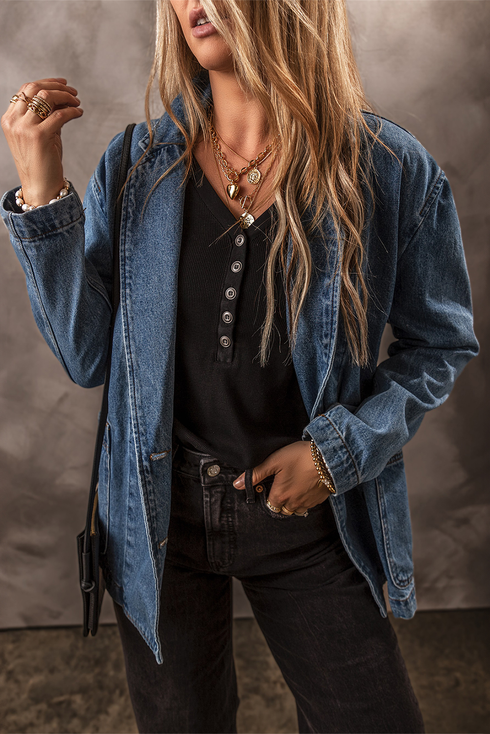 Black Side Pockets Lapel Collar Denim Jacket - loveforevers