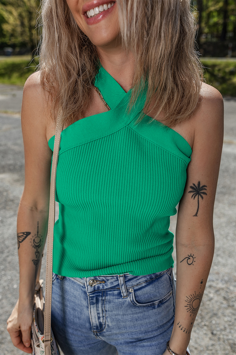 Dark Green Ribbed Criss Cross Halter Neck Sheath Sweater Tank Top - loveforevers