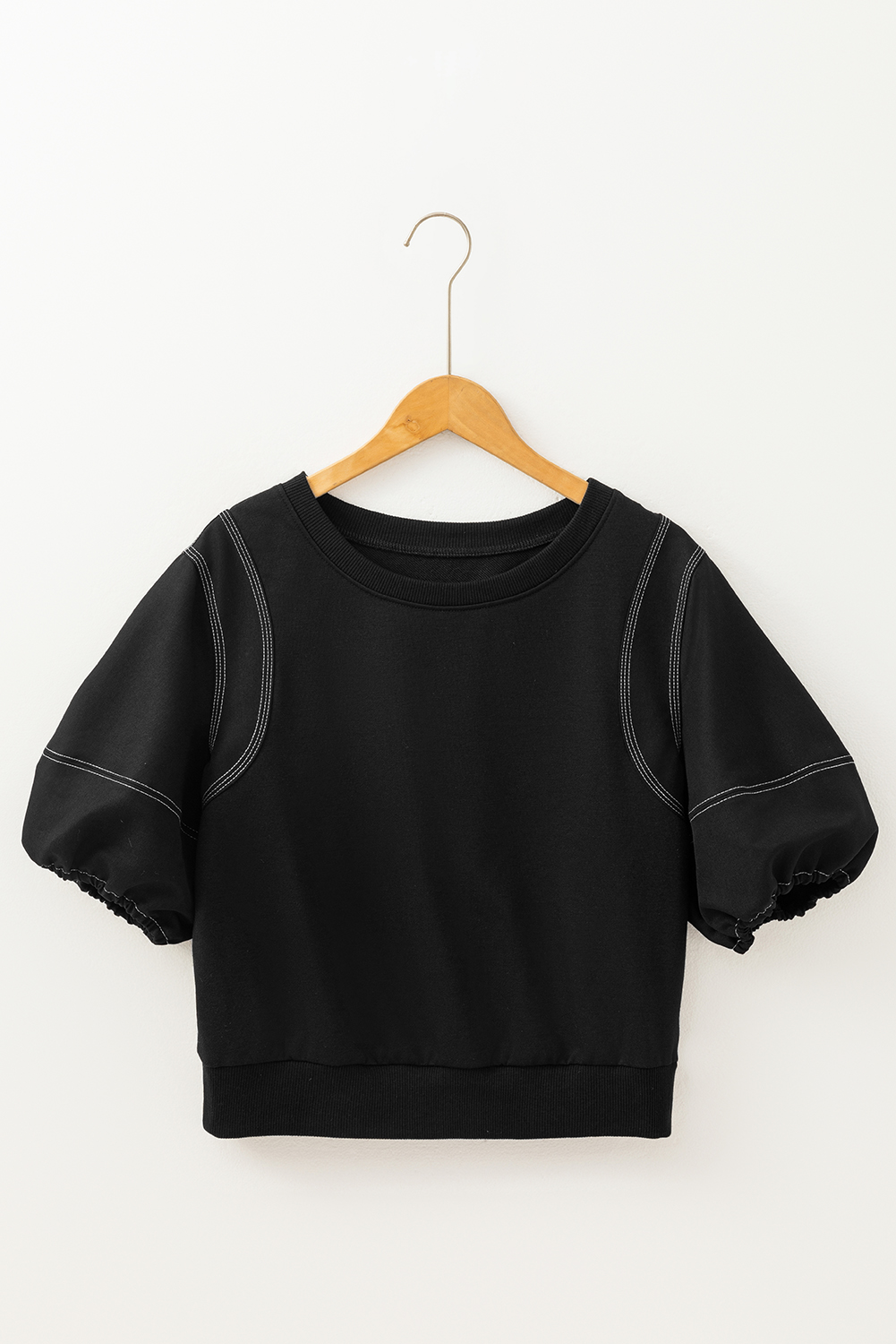 Black Contrast Stitches Detail Puffy Half Sleeve Blouse - loveforevers