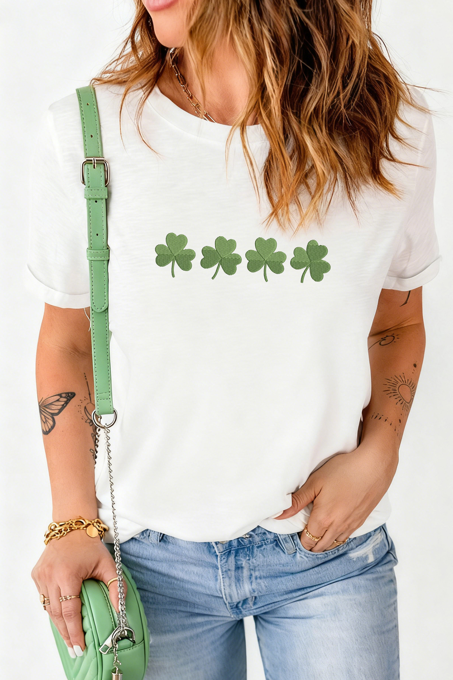 White Embroidered Clover St Patricks Fashion Graphic Tee - loveforevers
