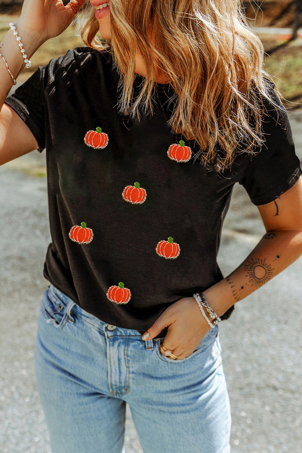 Black Chenille Pumpkin Patched Casual Cotton Blend T Shirt - loveforevers