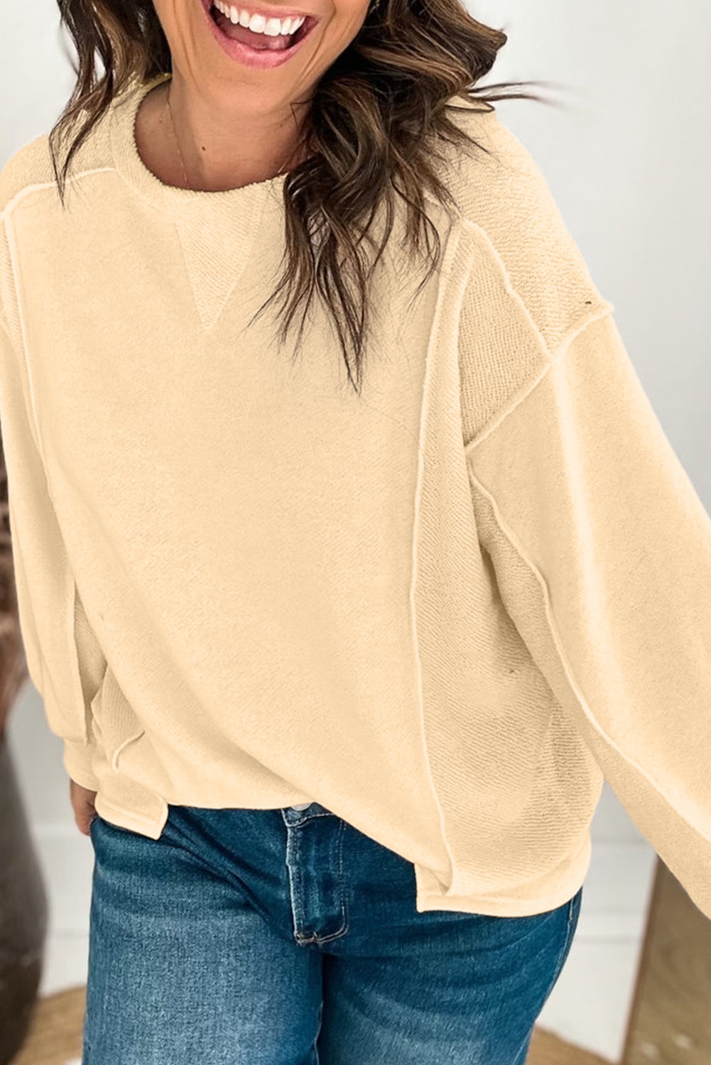 Beige Splicing Round Neck Pullover Sweatshirt - loveforevers