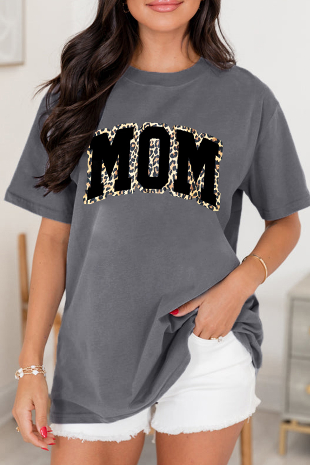 Gray Leopard MOM Graphic Crewneck Mothers Day T Shirt - loveforevers