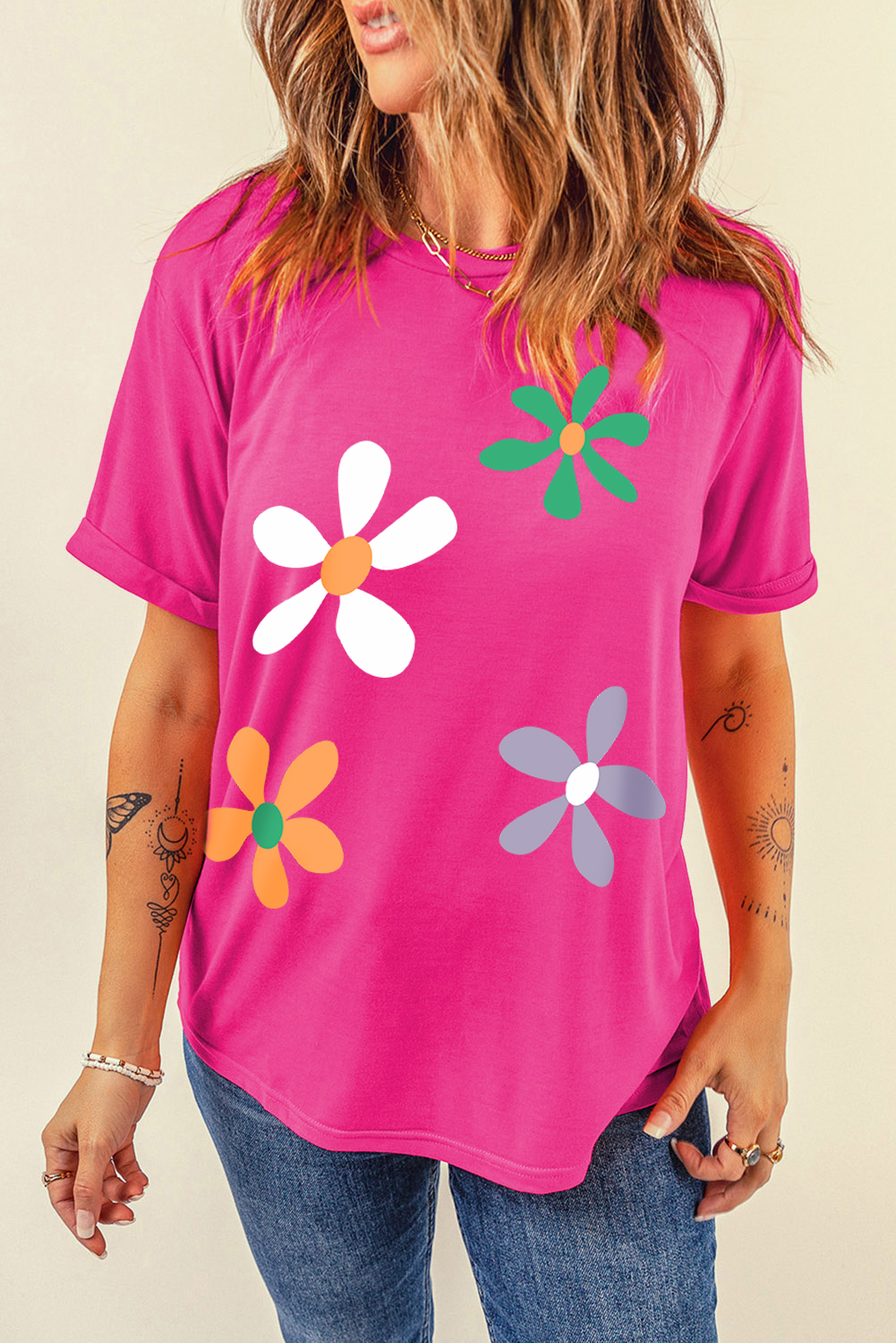Rose Red Summer Flower Print Fashion Cotton Tee - loveforevers