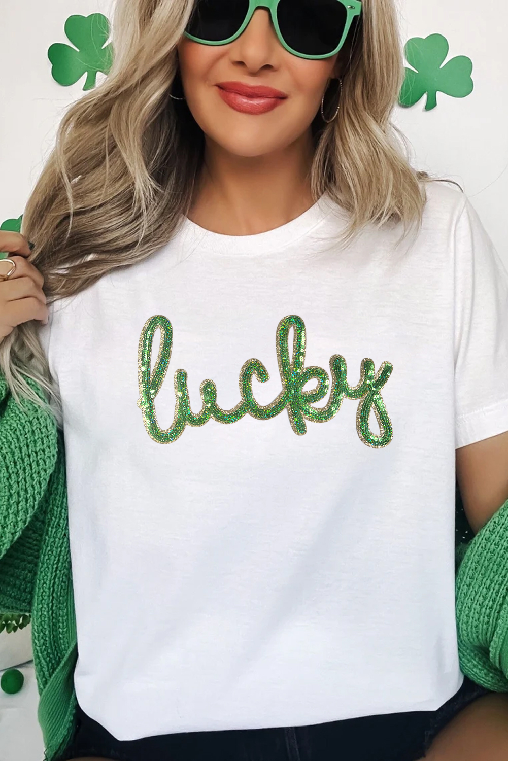 White Sequined Lucky St.Patricks Day Graphic Tee - loveforevers