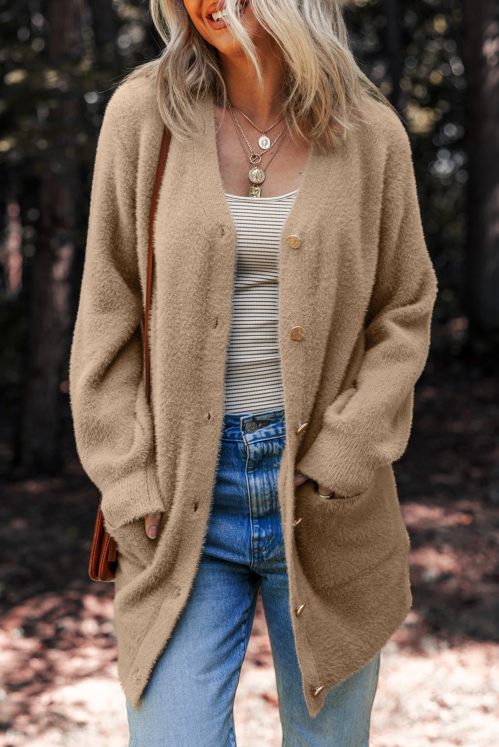 White Fuzzy Buttoned Front Midi Solid Cardigan - loveforevers