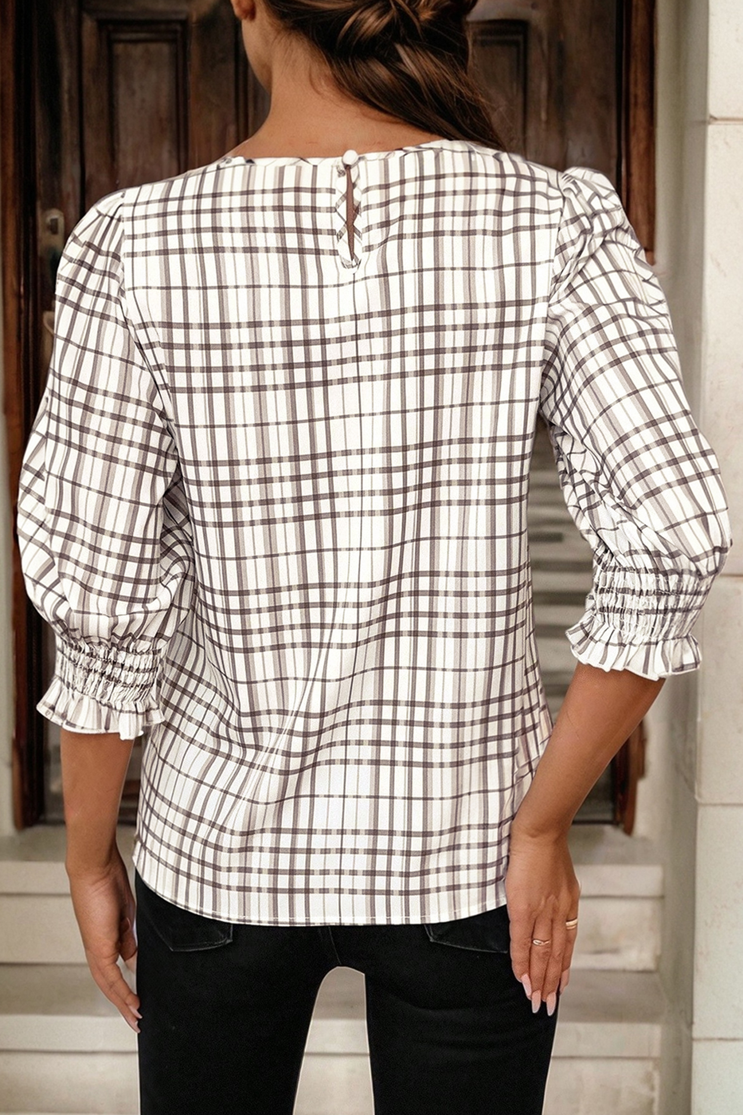 White Plaid Print Frilled Puffy Half Sleeve Blouse - loveforevers
