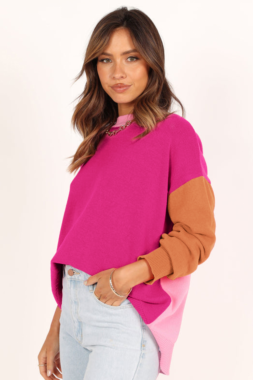 Bonbon Three Tone Contrast Round Neck Loose Sweater - loveforevers