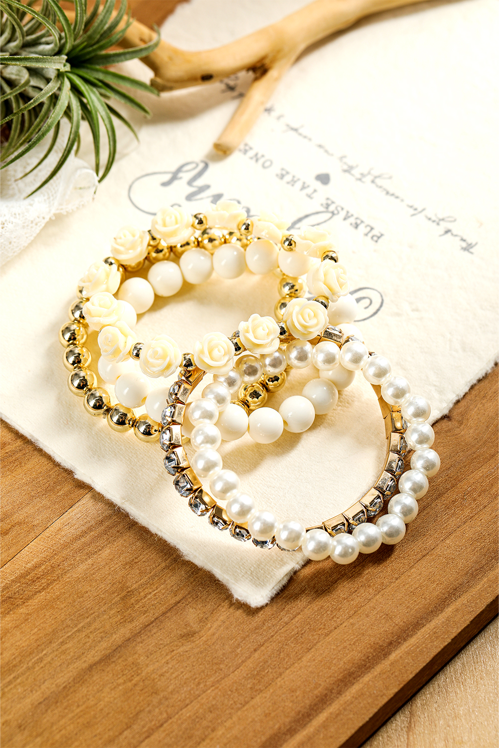 Black Flower Rhinestone Beaded Multi Layer Bracelet Set - loveforevers