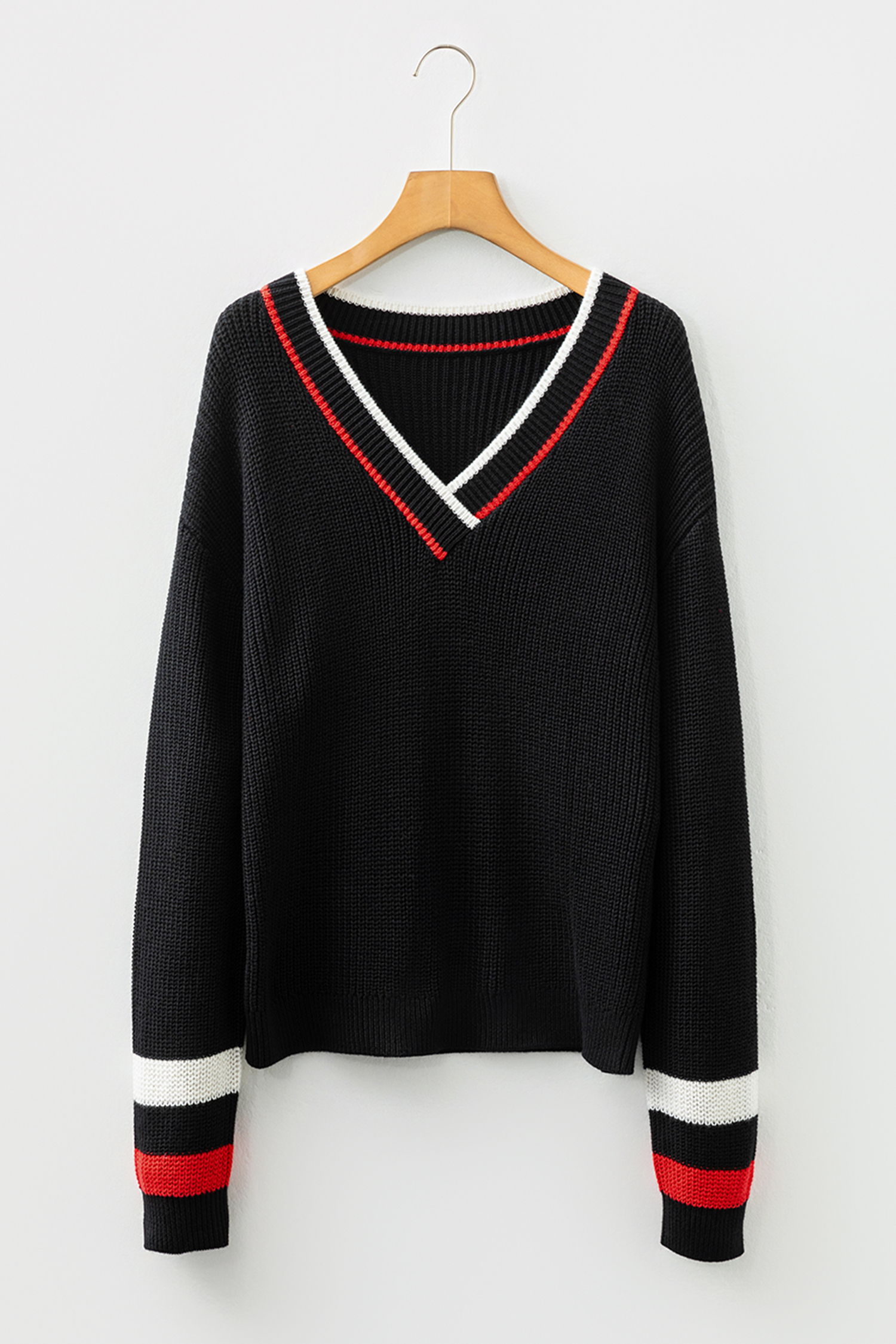 Black Contrast Striped Trim V Neck Drop Shoulder Sweater - loveforevers