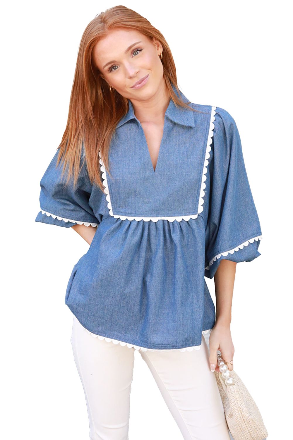 Dusk Blue Lace Ric Rac 3/4 Puff Sleeve Collared Babydoll Blouse - loveforevers