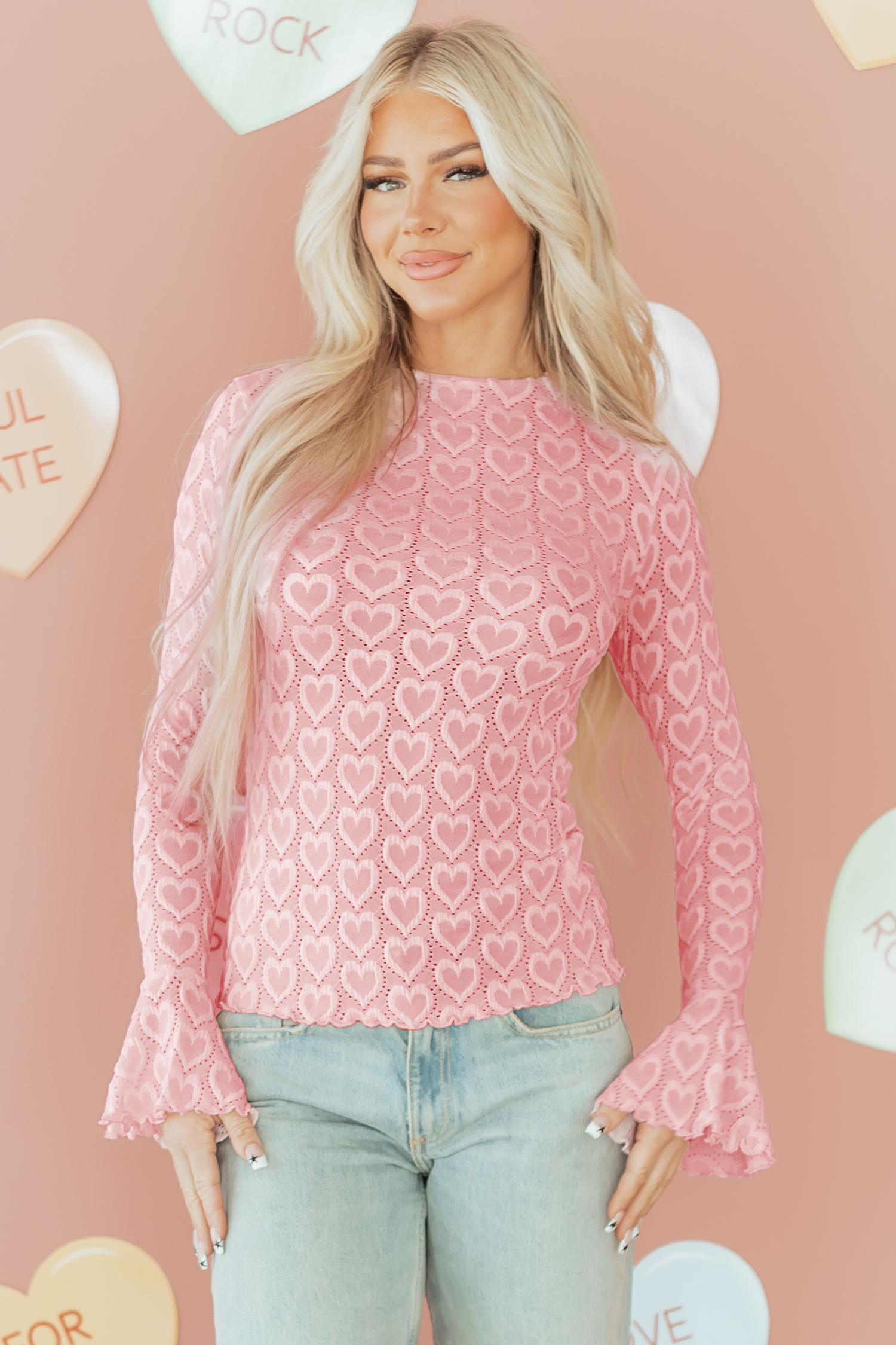 Gossamer Pink Heart Jacquard Flare Sleeve Mock Neck Fitted Top - loveforevers