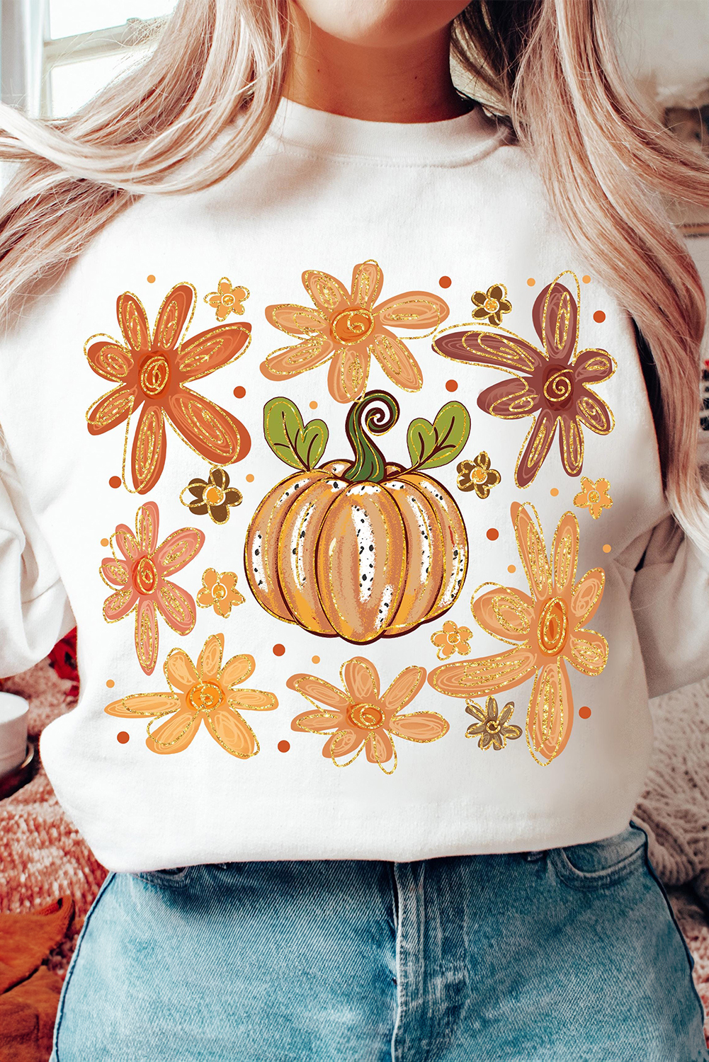 White Flower Pumpkin Printed Cotton Blend Sweatshirt - loveforevers