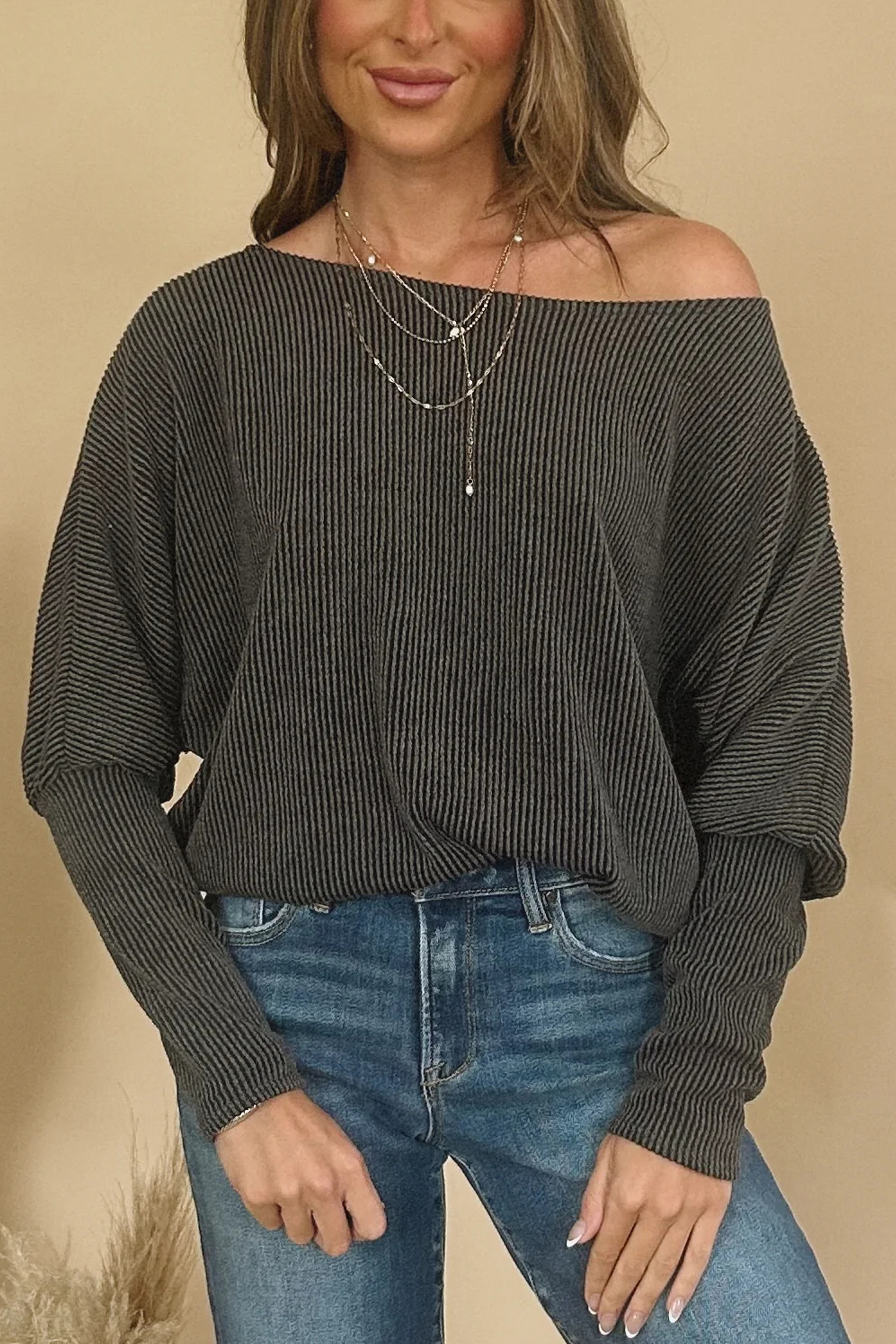 Carbon Grey Twisted Ribbed Dolman Long Sleeve Top - loveforevers