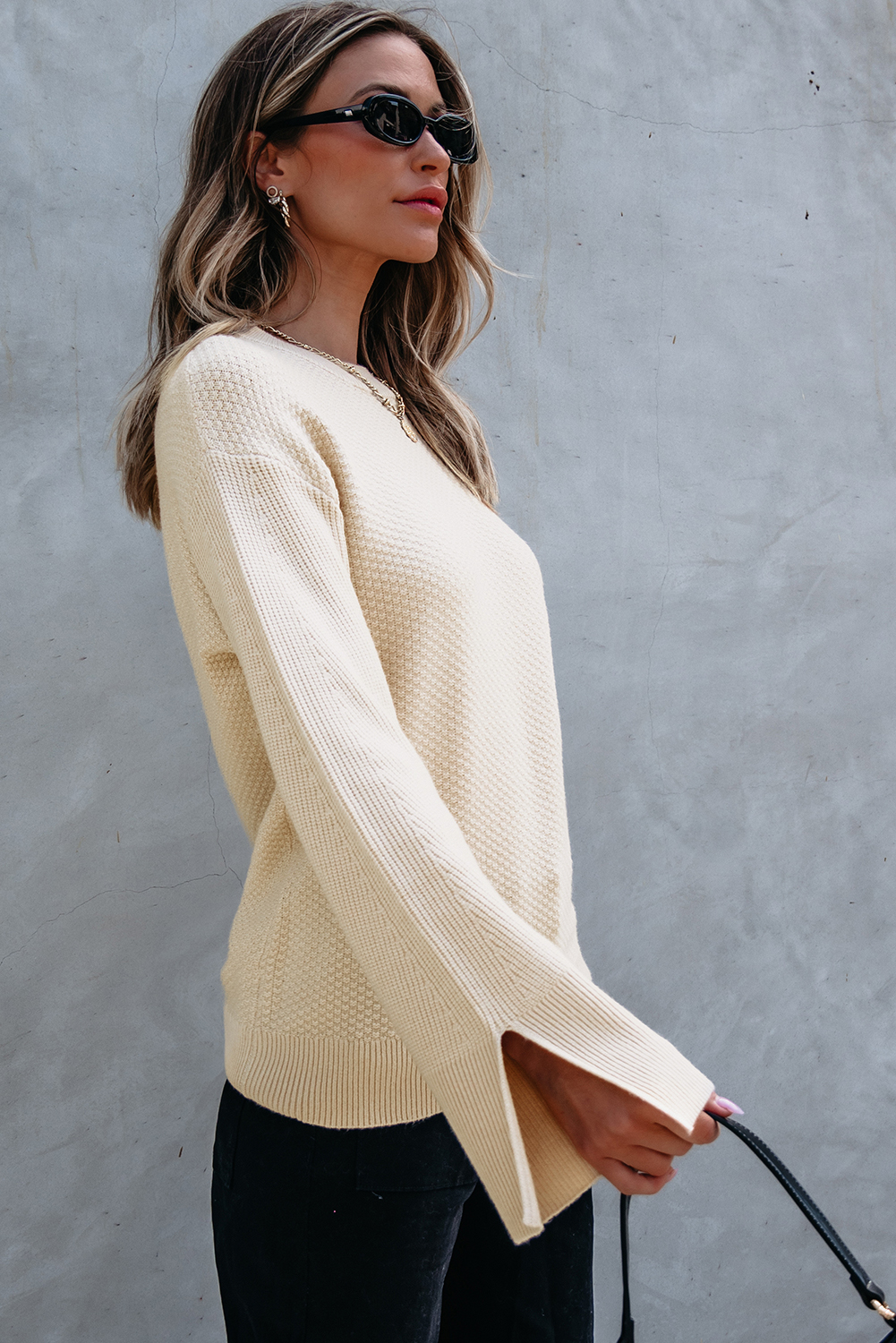 Parchment Solid Textured Knit Split Cuff Drop Shoulder Loose Sweater - loveforevers