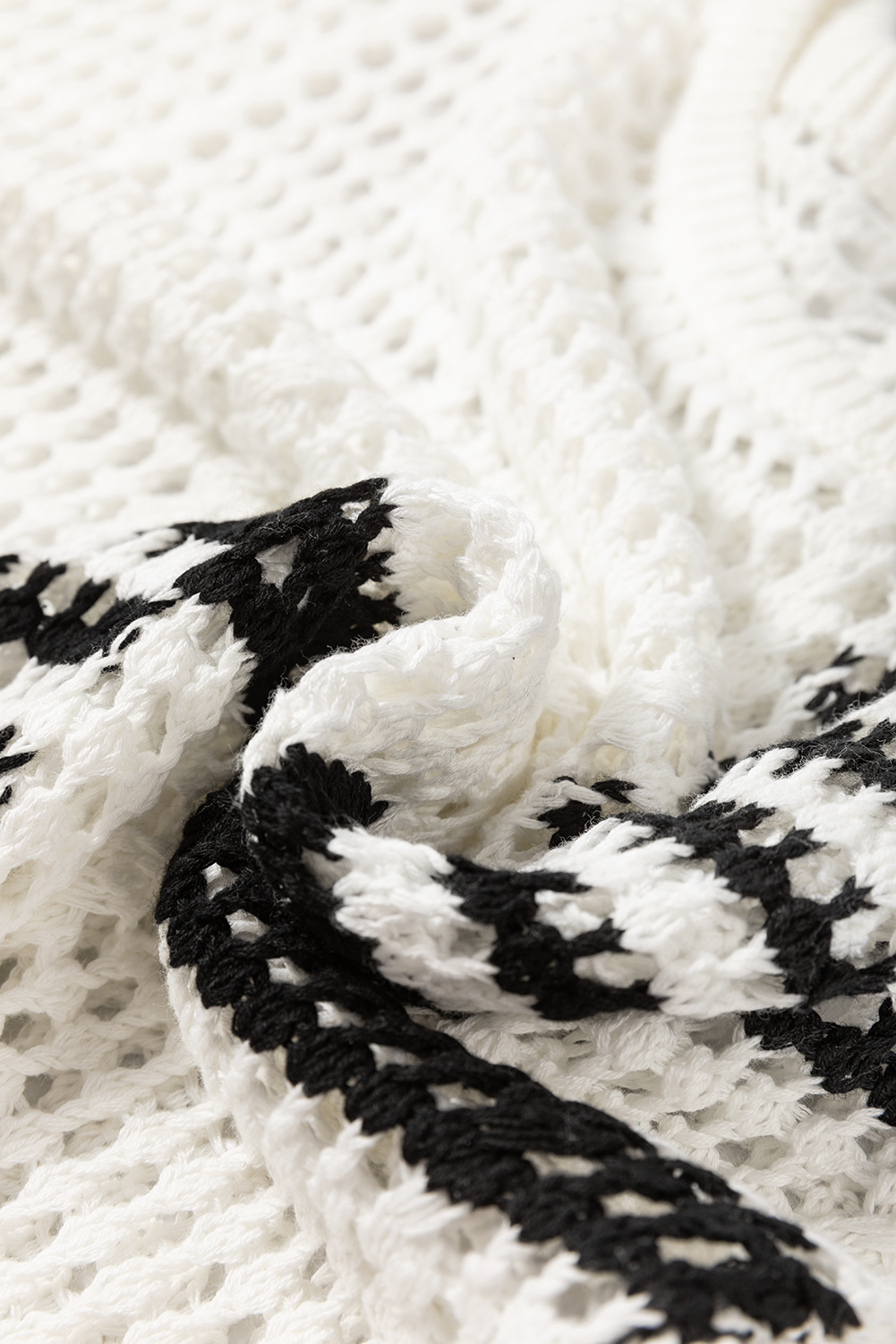 White Stripe Contrast Striped Crochet Puff Sleeve Sweater - loveforevers