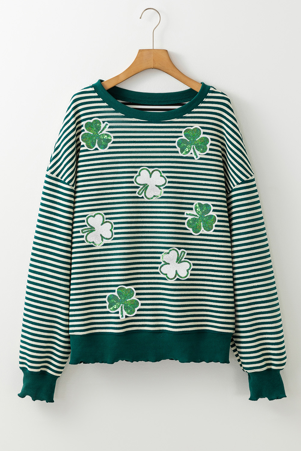 Green Stripe Sequined Clover Drop Shoulder Long Sleeve Casual Top - loveforevers